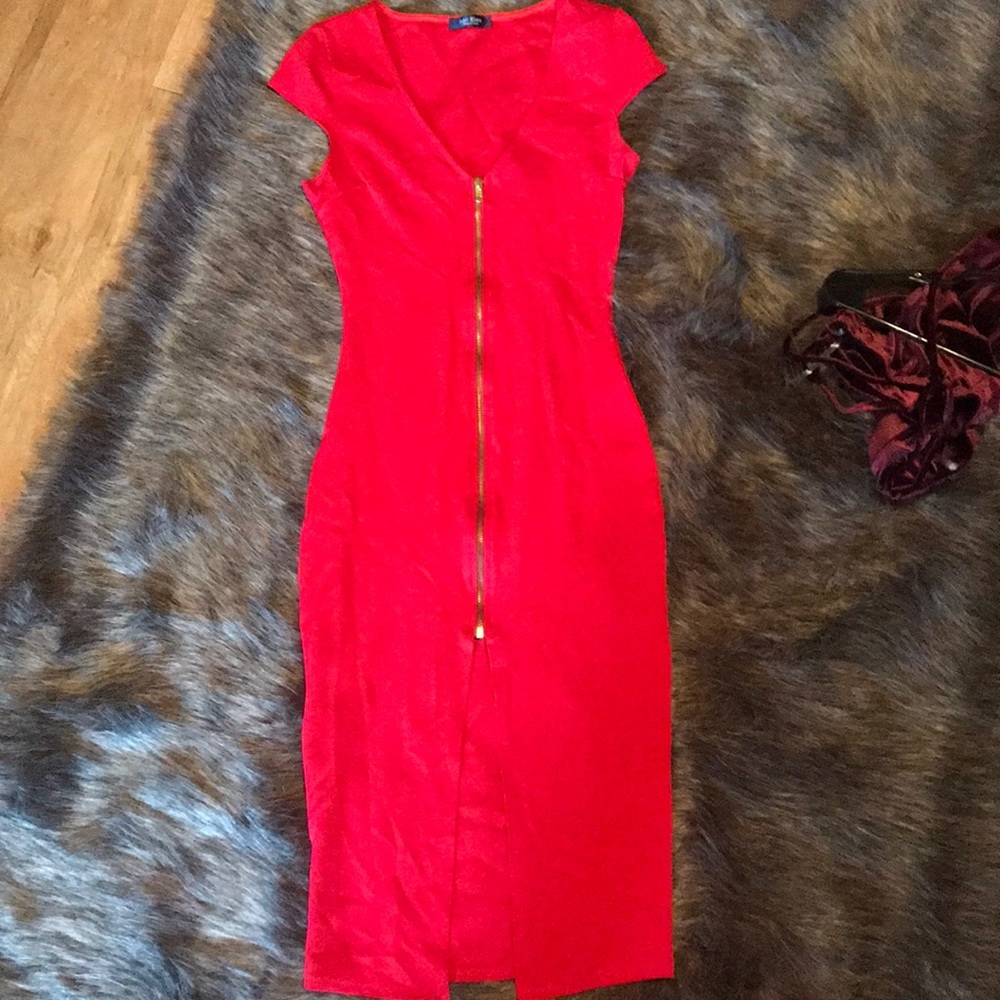 Red Zippered Midi Dress